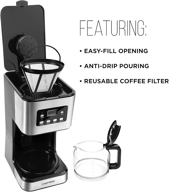 Chefman 12-Cup Programmable Coffee Maker, Electric Brewer, Auto Shut Off, Digital Display w/Auto-Brew Function, Anti-Drip Pot, Reusable Filter for Fresh Grounds, Square Stainless Steel, Glass Carafe