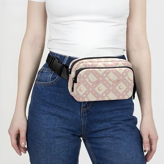 Kawaii Cherry Blossoms Moons Fanny Pack for Women Men Water Resistant Fashion Waist Packs with Adjustable Strap Belt Bag for Travel Workout Jogging Hiking 21219113