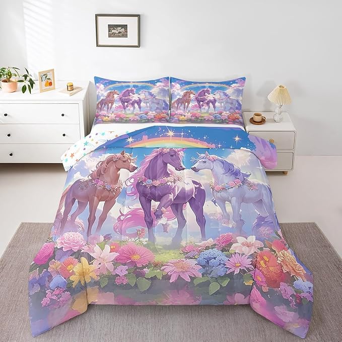 Castle Fairy Dreamy Unicorn Comforter Set Queen Size,Rainbow Blue Sky Colorful Flowers Reversible Bedding Set for Women Adult,Cartoon Animal Floral Galaxy Luxury Bed Duvet Insert, 2 Pillowcases
