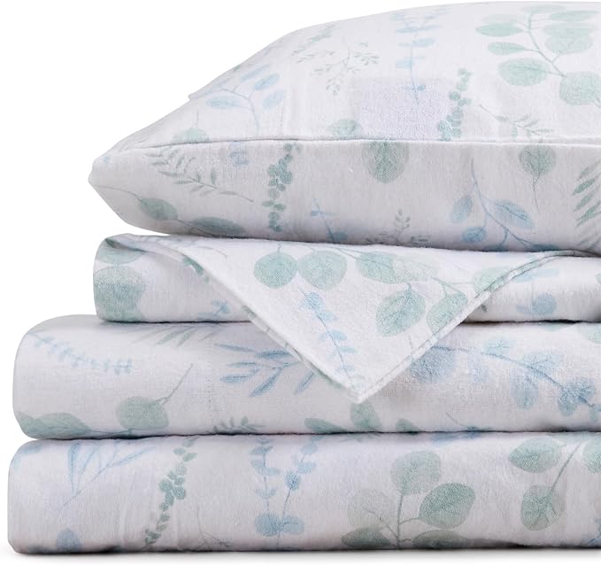 Market & Place 100% Cotton Queen Flannel Sheet Set | 4 Piece Deep Pocket Cozy Winter Floral Bed Sheets | Double Brushed for Extra Softness & Comfort | Alpine Collection (Queen, Eucalyptus Leaves)
