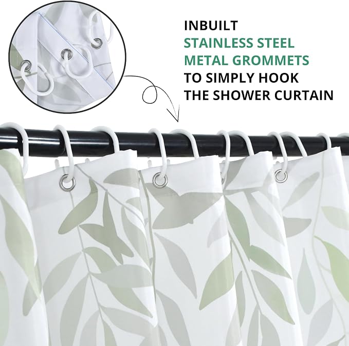 Green Eucalyptus Extra Long Shower Curtain, Leaf Plant Herbs Spring Nature Waterproof Fabric Machine Washable with Hooks for Bathroom Bathtub Decor 72Wx78H