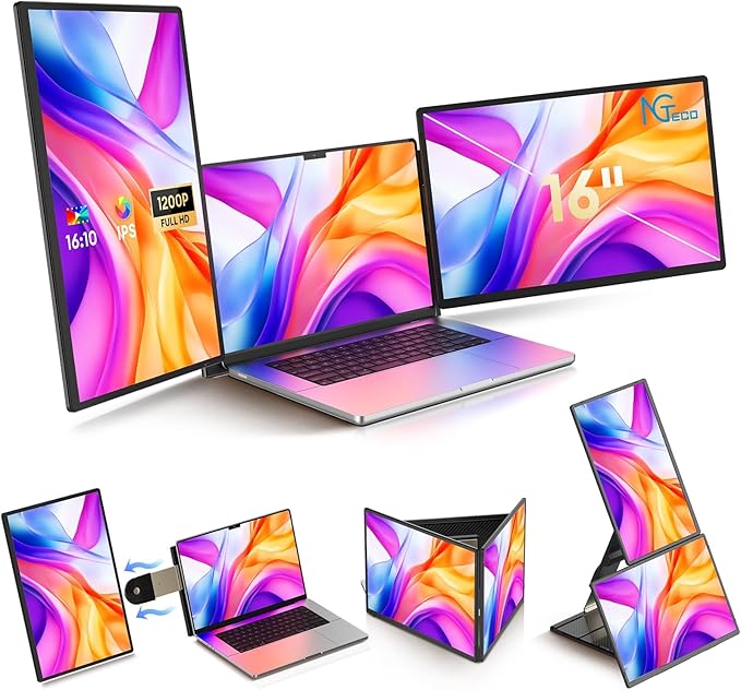NGTeco 16" Laptop Triple Screen Extender, 1200P IPS Portable Monitor for Laptops 13-17", with Type-C/HDMI/USB-A, Plug & Play, Compatible with Windows/Mac/Chrome OS