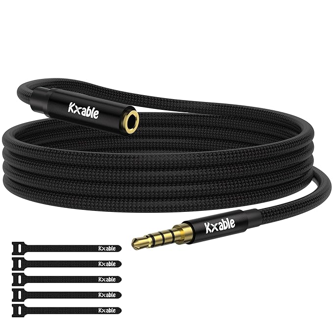 Kxable 3.5mm Headphone Extension Cable 25FT, 4 Pole TRRS 1/8 inch Male to Female Stereo Audio Cord, Nylon Braided, Microphone Compatible, for Headphone, iPad, Smartphone, Media Players, Tablet- Slim
