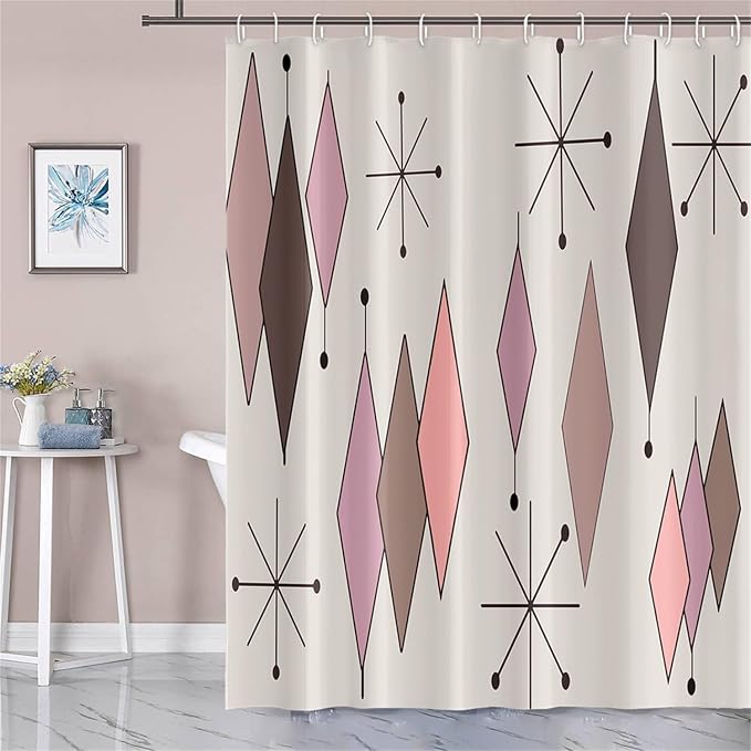 Mid Century Shower Curtain Vintage Abstract Pink Brown Diamond Geometric Atomic Starburst Pattern for 1950s Retro Bathroom Decor Accessories Shower Curtain Set with 12 Hooks, 60x72 Inches