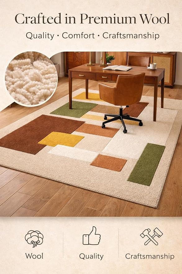 Hand Tufted Wool Geometric Rug-Mid-Century Modern Abstract Geometric Wool Earth Tone Green, Mustard & Terracotta Rug - Handmade Tufted Area Rug for Home Decor (2x3 Square Feet)