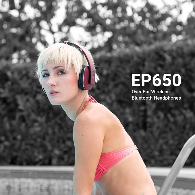 August EP650 Bluetooth Wireless Over-Ear Headphones with aptX Low Latency, NFC, Multipoint Pairing, Wired Option, Built-in Microphone - Red
