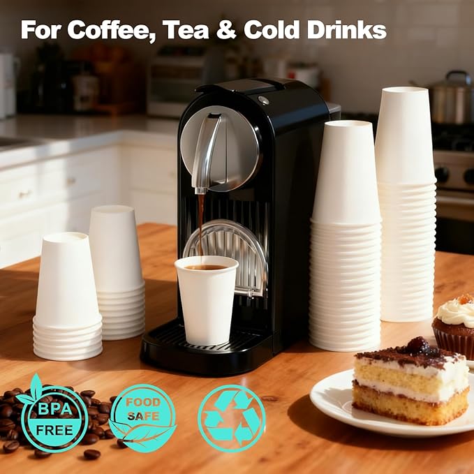 Coolcap 12 oz 500 Pack Disposable Coffee Cups, Bulk White Disposable Paper Cups, Coffee Cups for Hot Tea, Chocolate and Cold Drinks