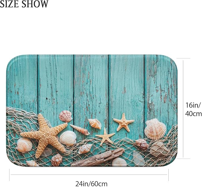 Britimes Bath Mat for Bathroom, Beach Seashells Starfish Sand Washable Cover Floor Rug Carpets Floor Mat Bathroom Decorations 16x24 Inches for Kitchen Bedroom Indoor