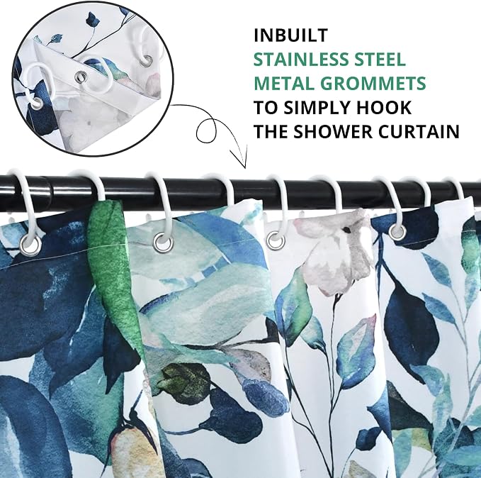 Eucalyptus Shower Curtain, Watercolor Green Leaves Plant Floral Spring Nature Waterproof Fabric Machine Washable with Hooks for Bathroom Bathtub Decor 60Wx72H
