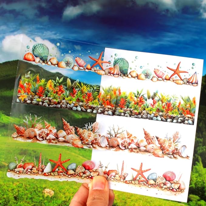 20 Sheets Seaside Landscape Pre-Cut Journaling Stickers Book for Junk Journaling, Scrapbooking, Collage, Planner, Album, Transparent PET and Washi Stickers for Adults