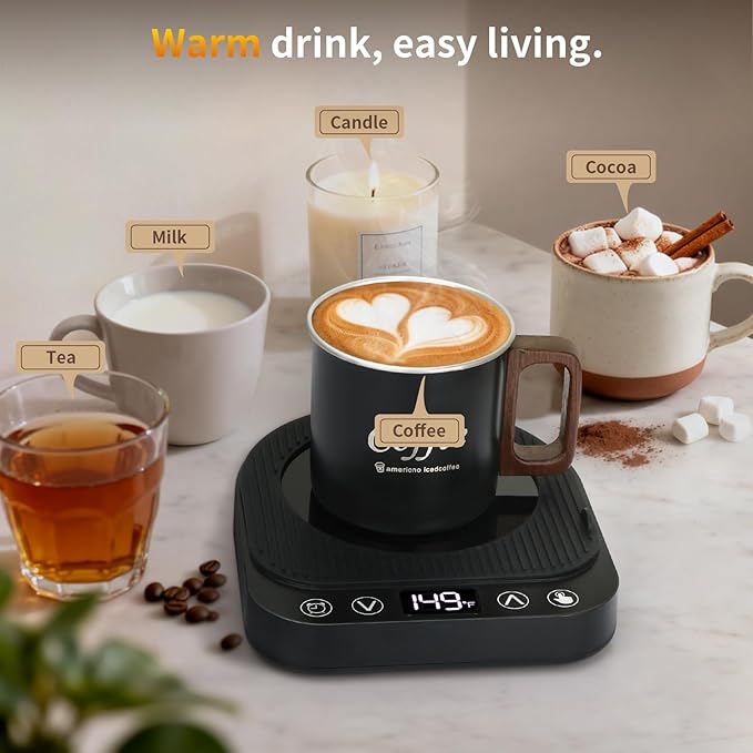 Anbanglin Smart Coffee Mug Warmer, 50W Fast Heating Coffee Warmer for Desk with 5 Temperature Control & 2-12H Auto Shut Off, Electric Large Panel Cup Warmer for Milk, Beverage, Candle, Matte Black