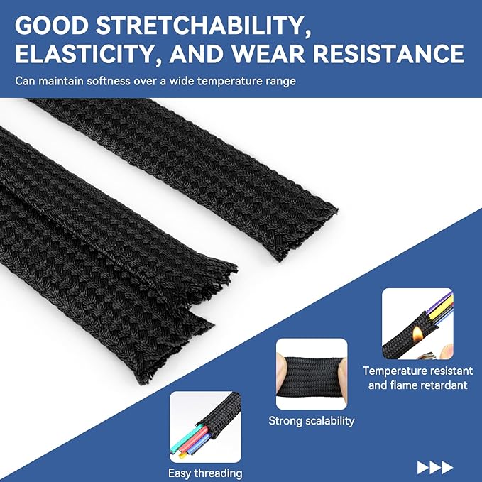YOUBO Polyamide Braided Sleeving, 33ft Expandable Wire Loom Abrasion Resistant Split Cable Sleeve for Automotive Harness, Computer Case & Cable Management (Black, 8mm（5/16"）)