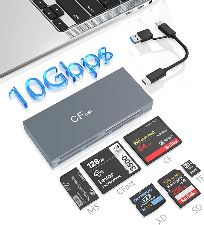 CFast Card Reader Memory Stick Pro Duo Adapter, USB C CFast 2.0 Card Reader for CFast/SD/TF/MS/XD/CF CompactFlash Card, XD Card Reader USB C USB 3.0 Connector Read 6 Cards Simultaneously