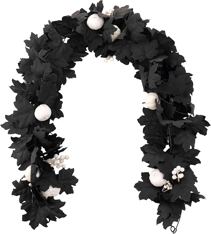 Artificial Fall Garland with Maple Leaves, Pumpkins & Berries – 7ft Black Autumn Garland for Thanksgiving, Fireplace Mantel, Doorway & Fall Harvest Table Decor,Halloween Decor