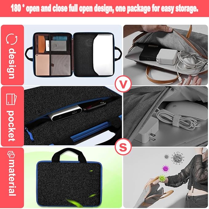 Hseok Laptop Case 13.3-14 inch Briefcase Handbag, Water-Resistant and Shockproof Computer Sleeve Compatible with MacBook Pro 14", Mac Air/Pro 13.3" and 13"-14" Notebooks Chromebooks,Black-Blue