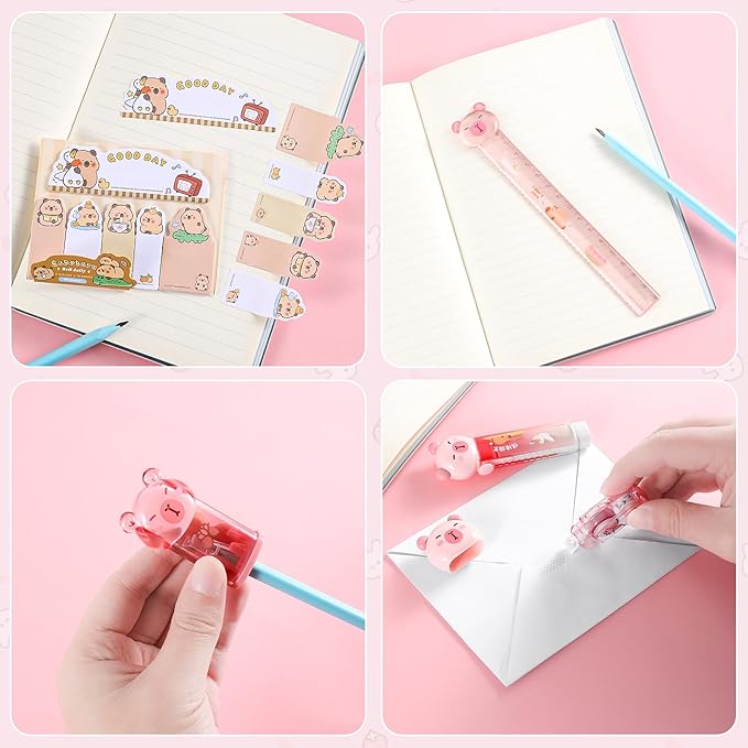 Kogcmeetl 7 Pcs Cute Capybara Stationary Set Kawaii School Supplies Japanese Stationery, Includes Pencil Sharpener, Eraser, Correction Tape, Glue Tape, Sticky Notes, Ruler, for Office School Supplies
