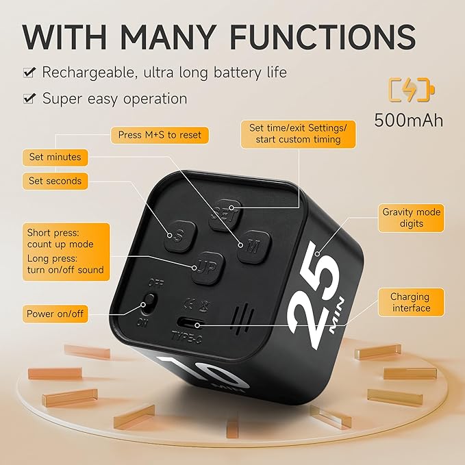 Exlliy Rotating Productivity Timer 5, 25, 10, 50 Minutes Preset, Desk Cube w/Gravity Sensor for ADHD, Mute Functions, Ideal for Work, Study, Kitchen, Back to School (1, Black)