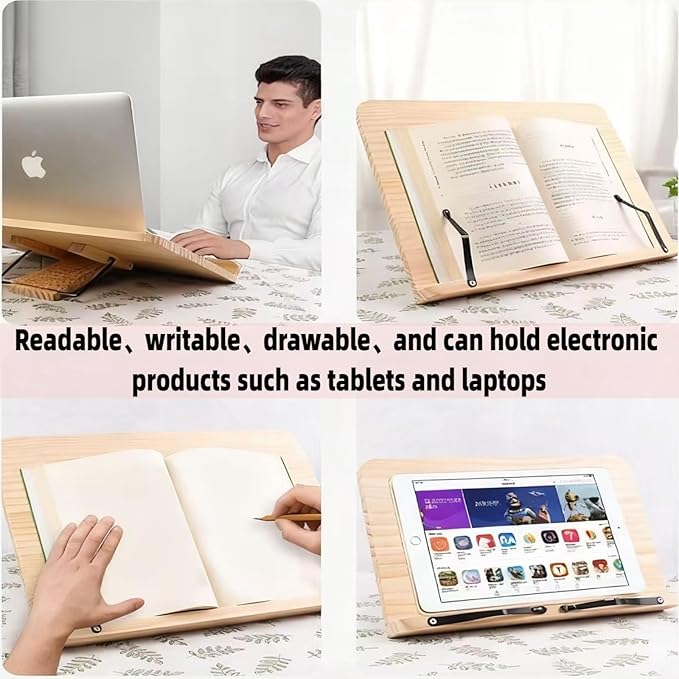 Reading Rack Wooden Bookshelf - Book Stand Foldable with 8 Adjustable Positions and Page Clips,Suitable for cookbooks、iPads、laptops、Sheet Music、and Reading Stands(15x11.4inch)