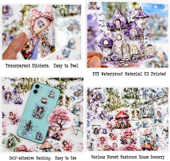 Dwpetzo Scrapbook Fairy Stickers for Scrapbooking Supplies, 80 Pcs Transparent PET Forest Mushroom House Scenery Stickers Ephemera for Junk Journals, Journaling, Collage, Art Crafts