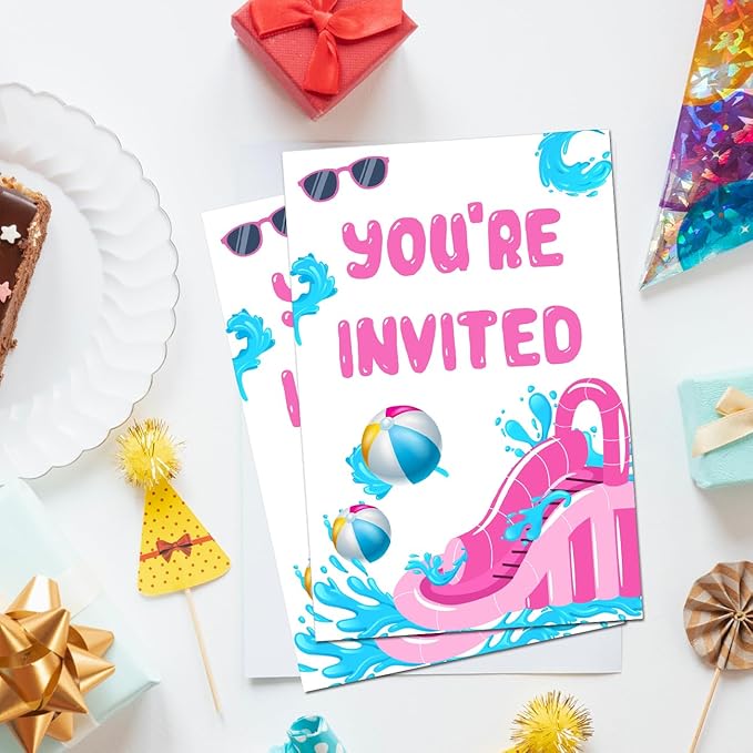 Splish Splash Water Slide Bash Party Invitations with Envelopes Set of 20 Summer Pink Waterslide Theme Birthday Party Invites Fill in Blank