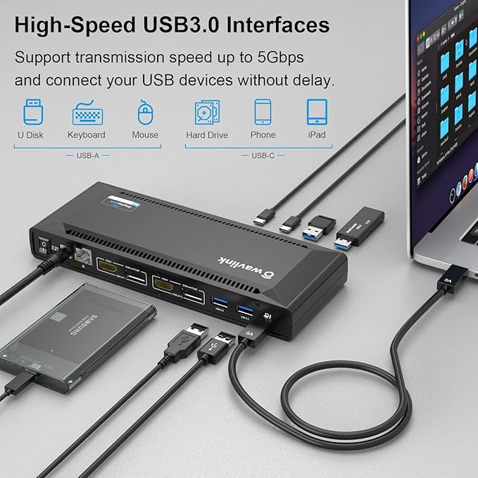 WAVLINK DisplayLink Laptop Docking Station - Dual Monitors 5K/4K@60Hz, 100W Charging - Thunderbolt 4/3, USB-C/A - M1 M2 Mac, Windows, Chrome, Ubuntu - 2HDMI, 2DP, 6 USB Ports, 130W Power, LAN, Audio