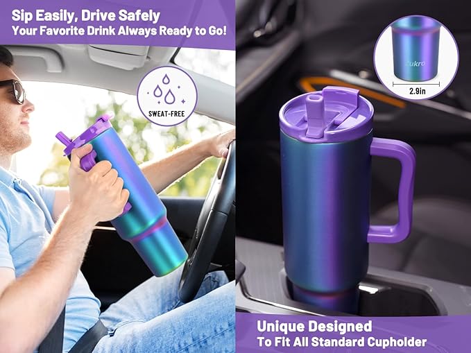 Zukro 50 oz Tumbler With Handle and Flip Straw, Leak Proof Lid, Insulated Stainless Steel Reusable Gym Water Bottle, Large Travel Cup Fit in Cupholder, BPA-Free, Gift for Women Her, Floral