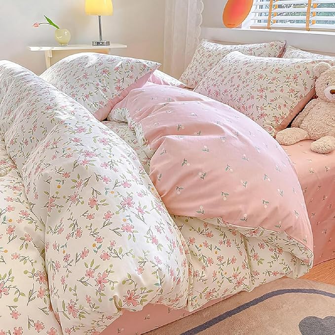 Girls Pink Floral Duvet Cover Twin XL Soft 100% Cotton Aesthetic Flower Bedding Set Vintage Botanical Comforter Cover Breathable Cottagecore Bedding Set 1 Twin XL Duvet Cover with 2 Pillowcases