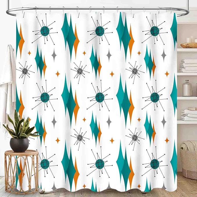 Mid Century Modern Shower Curtain for Bathroom, Teal Orange Geometric Atomic Abstract Pattern 1950s 1960s Retro Vintage Style Waterproof Fabric Shower Curtain Set with Hooks, 72"x72" Inch