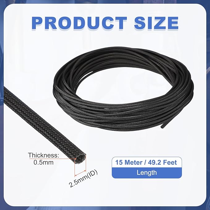 uxcell Insulation Cable Protector,2.5mm/0.10 Inch-15m/49 Feet High Temp Fiberglass Sleeve Black