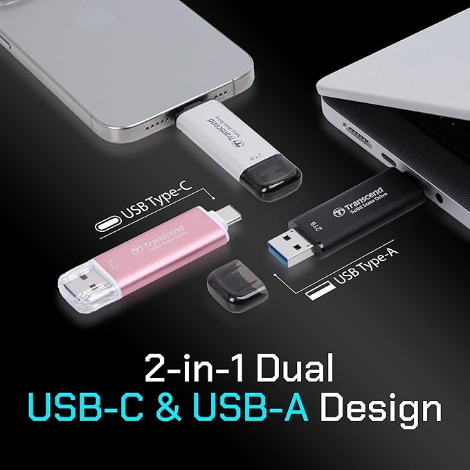 Transcend ESD310 2TB External SSD, Up to 1,050MB/s, Dual USB Drive for iPhone17,16,15, iPad&Mac/Pixel10/Tesla/Steam Deck/ROG Ally/MSI Claw/Android/PS5, 2-in-1 Type C &A, USB 3.2 Gen2 Portable SSD