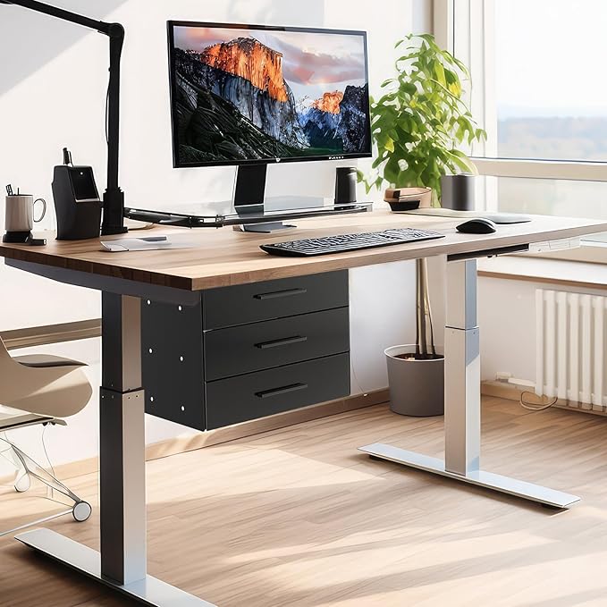 Menkxi 16 Inch Slide out Under Desk Drawer 3 Layer Pull out Desk Organizer Storage Metal Mounted Sliding Hidden Under Counter for Writing Office Sit Stand Workstation, Vertically Stacked, Black