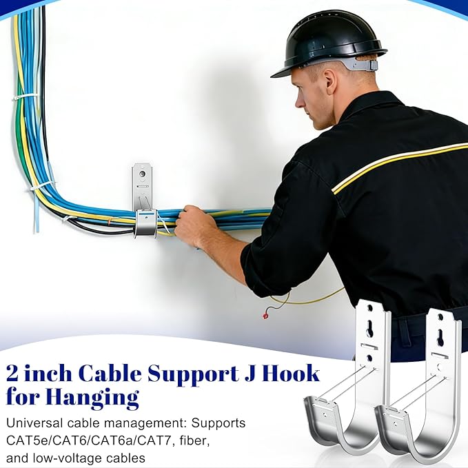 ForoGore 50 Pack 2 Inch J Hook Wall Mount J Hook with Retainer Clip Galvanized Steel Wall Cable Hooks Smooth Round Edge J Hook for Hanging Wire Cable Management & Organization Solution