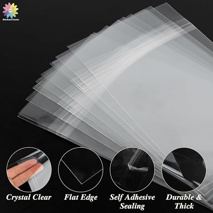 Mat Board Center 4x5 Inches Crystal Clear Sleeves Storage Bags, 100 Pack Self Sealing Cellophane Bags for A2 Card w/Envelope Photos Jewelry