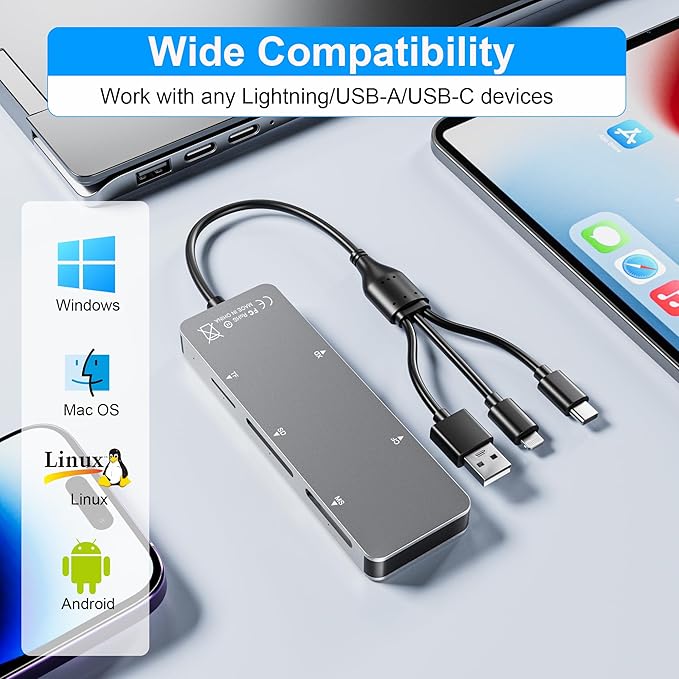 Memory Stick pro Duo Adapter 5-in-1 Multi Memory Card Reader Supports SD/TF/CF/MS/XD Picture Card for PC/USB-C/iPhone, Lightning+USB A+USB C Memory Stick pro Duo Reader for iPhone