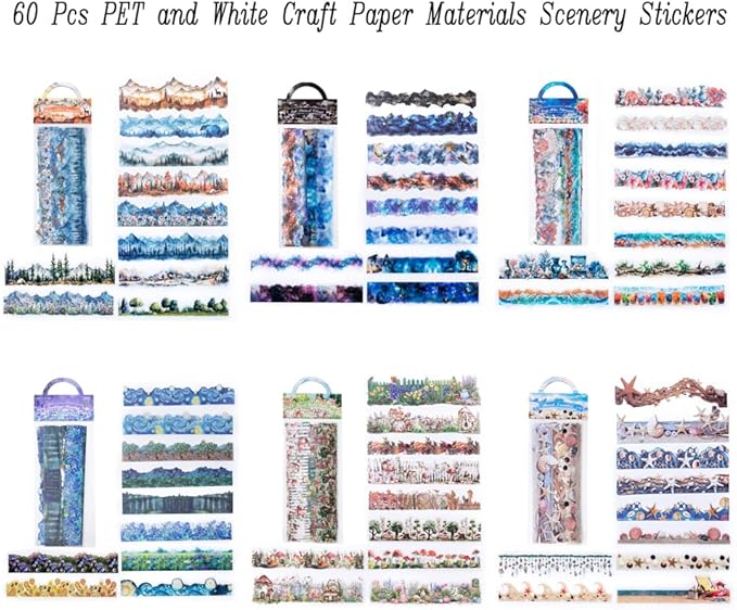 Dwpetzo Large Seasonal Nature Landscape Stickers for Journaling, 60 Sheets Dual Materials Transparent PET and Craft Paper Stickers for Junk Journal, Collage, Aesthetic Crafts Arts