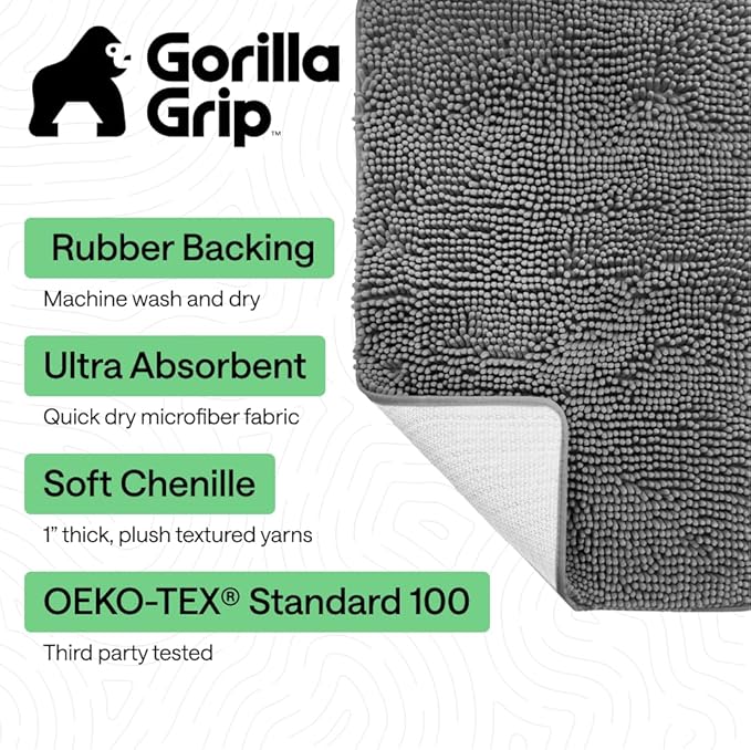 GORILLA GRIP Bath Rug Mat 42x24, Thick Soft Absorbent Chenille, Quick Dry Microfiber Mats, Rubber Backing Washable Shower Floor Rugs, Bathmat Runner, US Designed Bathroom Home Decor Accessories Grey