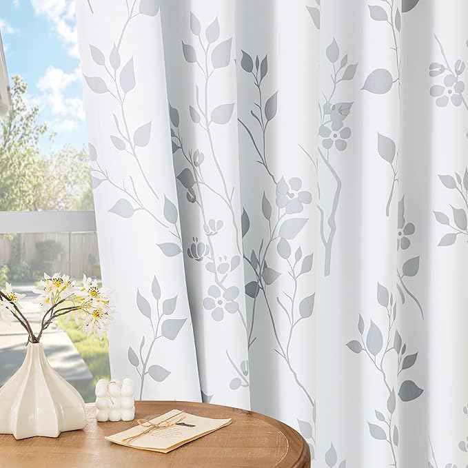 Beauoop Floral 100% Blackout Curtains 96 Inches Long 2 Panels for Bedroom Living Room Grey White Flower Patterned Room Darkening Thermal Insulated Soundproof Grommet Window Treatments Drapes, 52X96