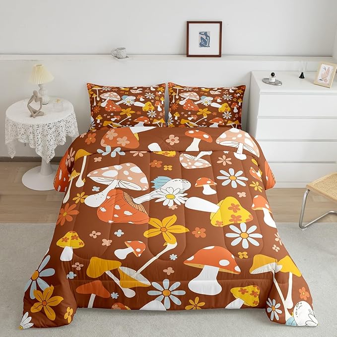 Castle Fairy 60s 70s Retro Hippie Queen Size Comforter Set,Groovy Flowers Mushroom Print Bedding Set with 2 Pillowcases,Boho Art Breathable Durable Polyester Bedding Set
