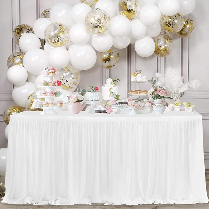 Besutolife White Tulle Table Skirt 14ft Wrinkle-Free Tutu Tablecloth for Gender Reveal, Wedding, Birthday, Reception, Banquet, Photo Booth, Party Table Decorations
