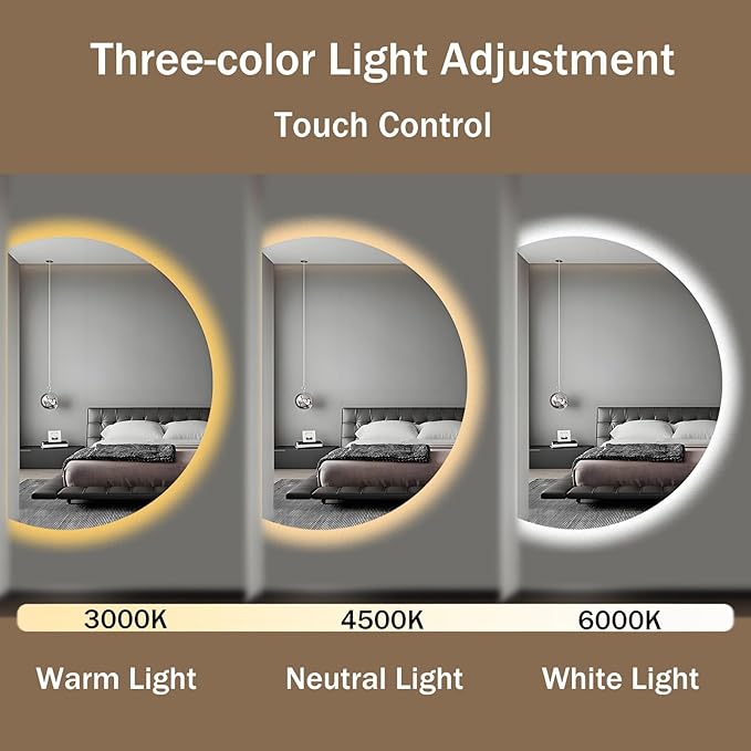 Modern Smart Anti-Fog Bathroom Mirror with Lights, Half Moon LED Wall Mirror, 3 Colors Dimmable Makeup Vanity Mirror, Large Frameless Decorative Mirror for Living Room(Left Cut,47"x32")