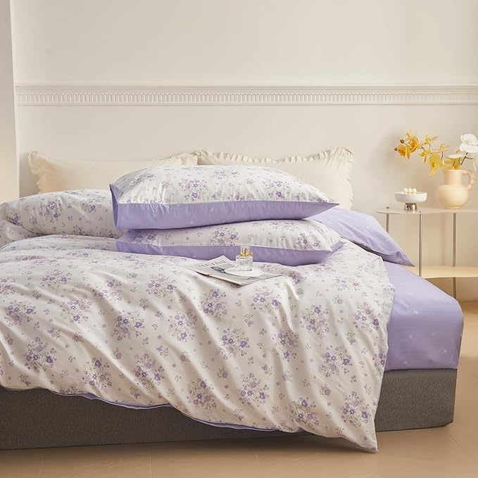 EAVD Garden Purple Floral Duvet Cover Twin Girls Soft 100% Cotton Chic Shabby Lavender Floral Bedding Set with 2 Pillowcases Vintage Botanical Duvet Cover with Zipper Closure