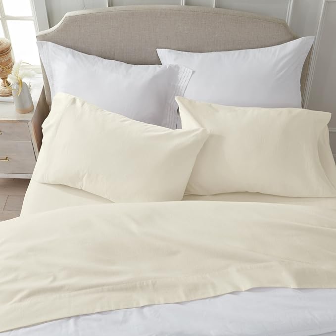 Market & Place 100% Turkish Cotton Flannel Sheet Set | 4 Piece Deep Pocket Solid Cozy Winter Bed Sheets | Double Brushed for Extra Softness & Comfort | Chalet Collection (Queen, Ivory)