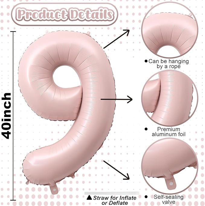 40'' Pink Number Balloon 9, Self Inflating Retro Dusty Pink Foil Number Balloons Set 0-9, Self Inflating Digital 9 Helium Balloon for Girls 9th Birthday Women Anniversary Party Decorations Supplies