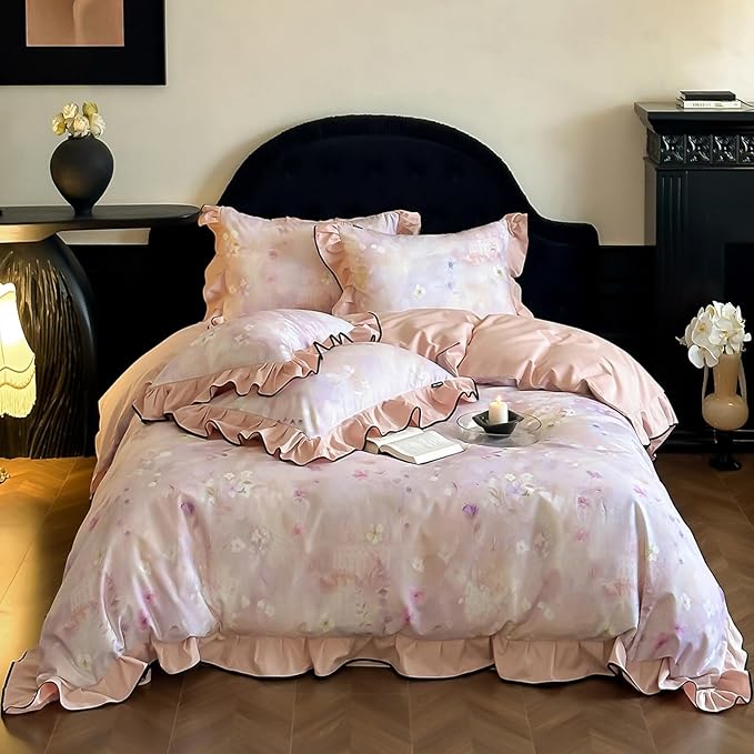 HighBuy Farmhouse Floral Ruffle Duvet Cover Set Twin Pink Ruffle Brushed Cotton Bedding with Zipper Closure,Shabby Vintage Bedding Set for Hot Sleepers - 1 Duvet Cover and 2 Pillowcases