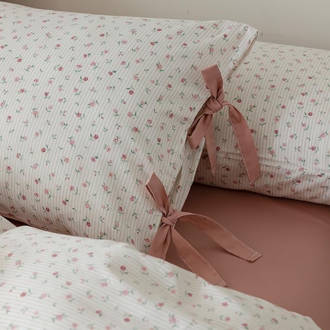 HighBuy Farmhouse Comforter Set King Botanical Floral Bedding Comforters King for Teen Girls with 2 Bowknot Bow Tie Pillowcases Fluffy Soft Comforter Cozy,All Season Comfy Striped Comforter