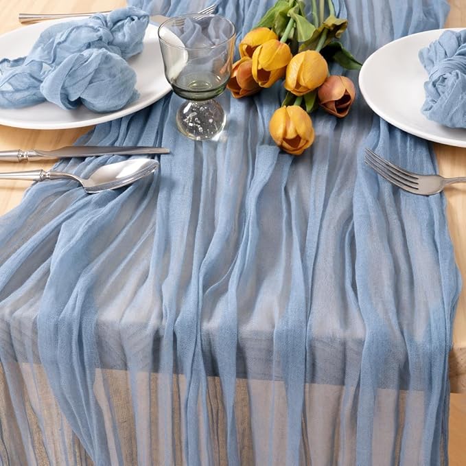 MLMC 3 Pack Dusty Blue Table Runner 10ft Boho Gauze Cheesecloth Table Runner Bulk 35x120 Inches Rustic Cheese Cloth Decor for Wedding Bridal Shower Baby Shower Party Decor
