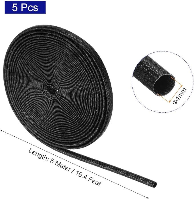 MECCANIXITY 5Pcs Wire Insulation Braid Fire Sleeve,16.4Ft-4mm ID Black, High Temp Silicone Coated Fiberglass Sleeving for Automotive Hose Lines Electrical Wiring