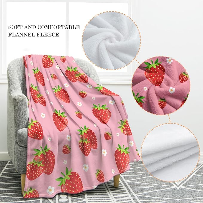 Jekeno Strawberry Fruit Floral Blanket Cute Flower Gifts for Women Kids Girls Mom Wife Men Boys Birthday Christmas Halloween Easter Home Bedroom Bed Sofa Decor Plush Throw Pink 60"x80"