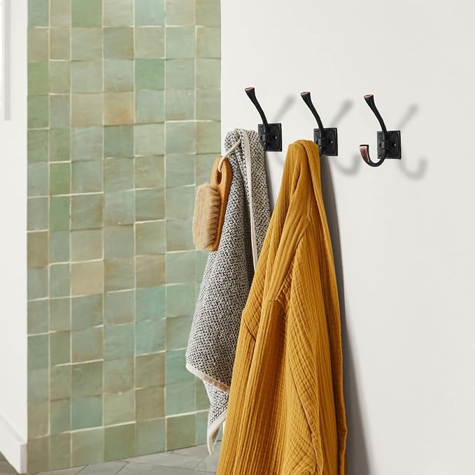 Large Wall Hooks 2 Pack Oil Rubbed Bronze Coat Hooks Hardware Towel Hooks for Hanging Coats 4.35 Inch Double Robe Hooks Wall Mounted with Screws for Key, Towel, Bags, Cup, Hat