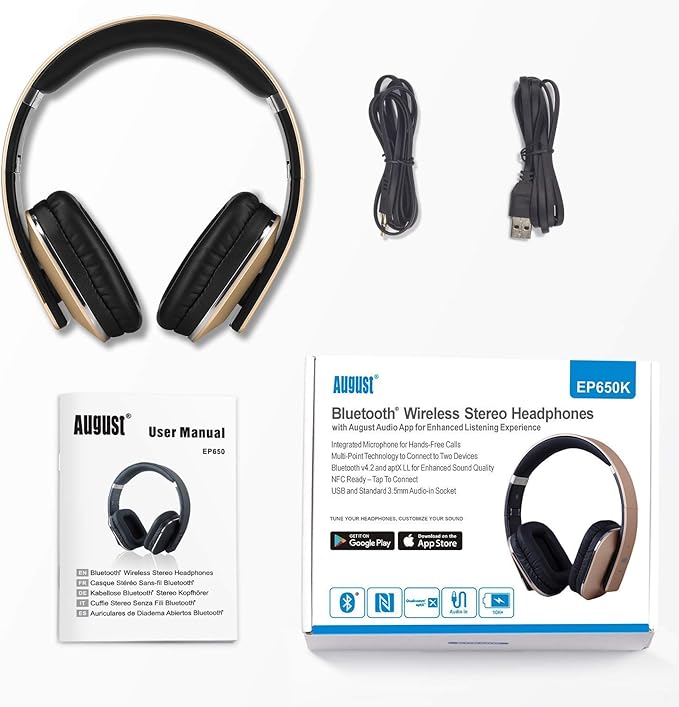 August EP650 Bluetooth Wireless Over-Ear Headphones with aptX Low Latency, NFC, Multipoint Pairing, Wired Option, Built-in Microphone - Gold